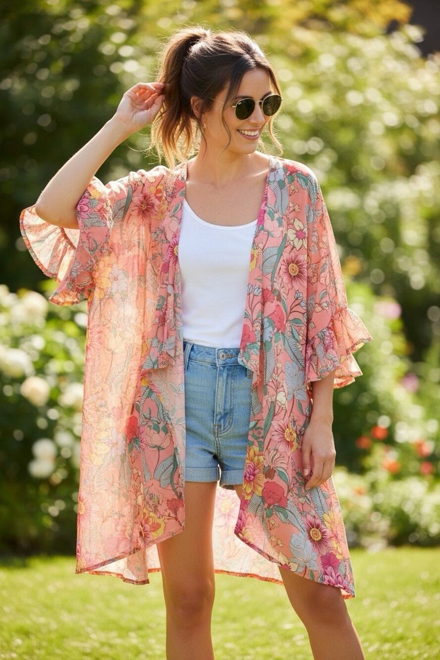 Umgee Women's Floral Kimono Size Small Open Front Ruffle Lightweight Summer